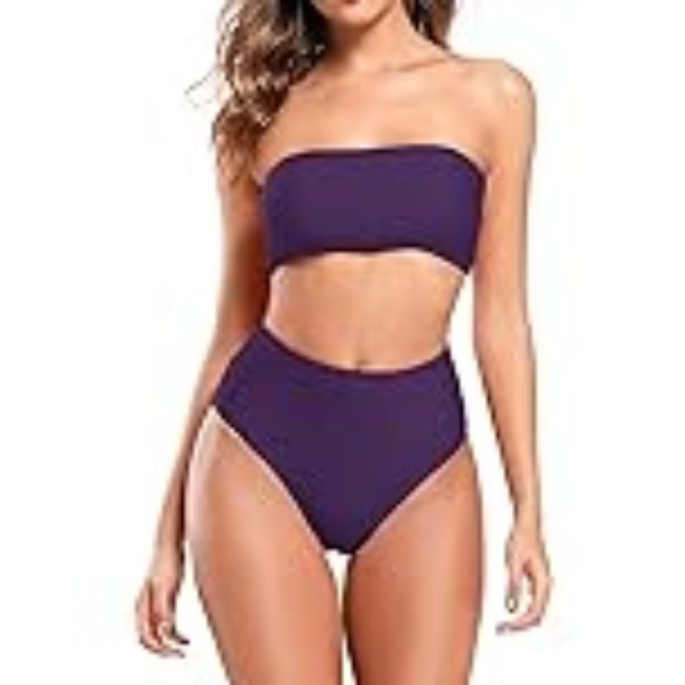 Two-Piece High Waist Bottom Bandeau Bikini Set Color Purple Small Size